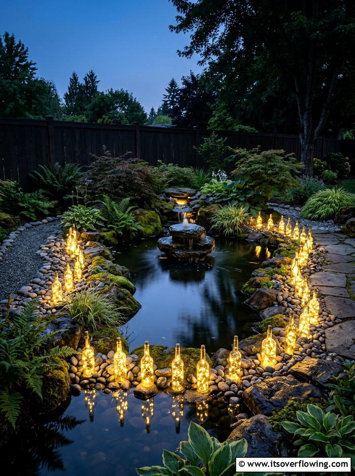 Water feature bottle glow - 25 garden decor ideas with bottle lights