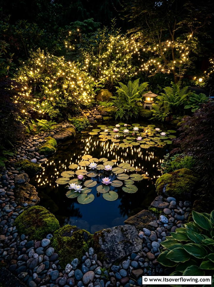 Water feature fairy lights - 25 garden decor ideas with fairy lights