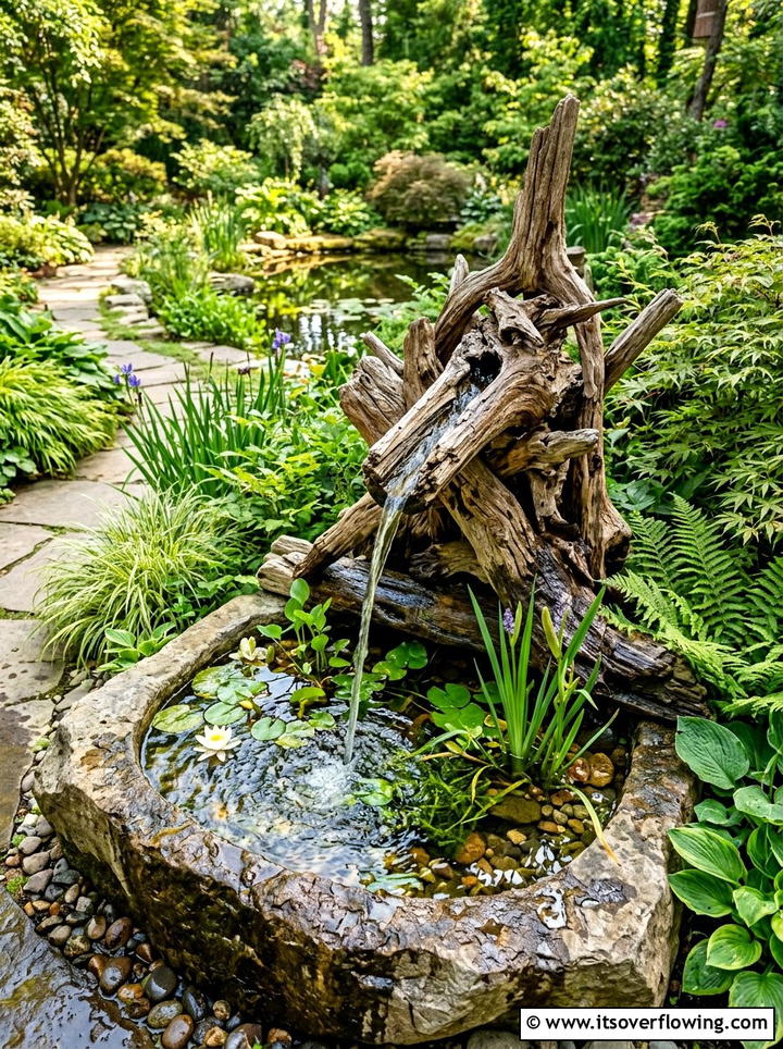 Water feature with driftwood fountain - 25 garden ideas with driftwood sculptures