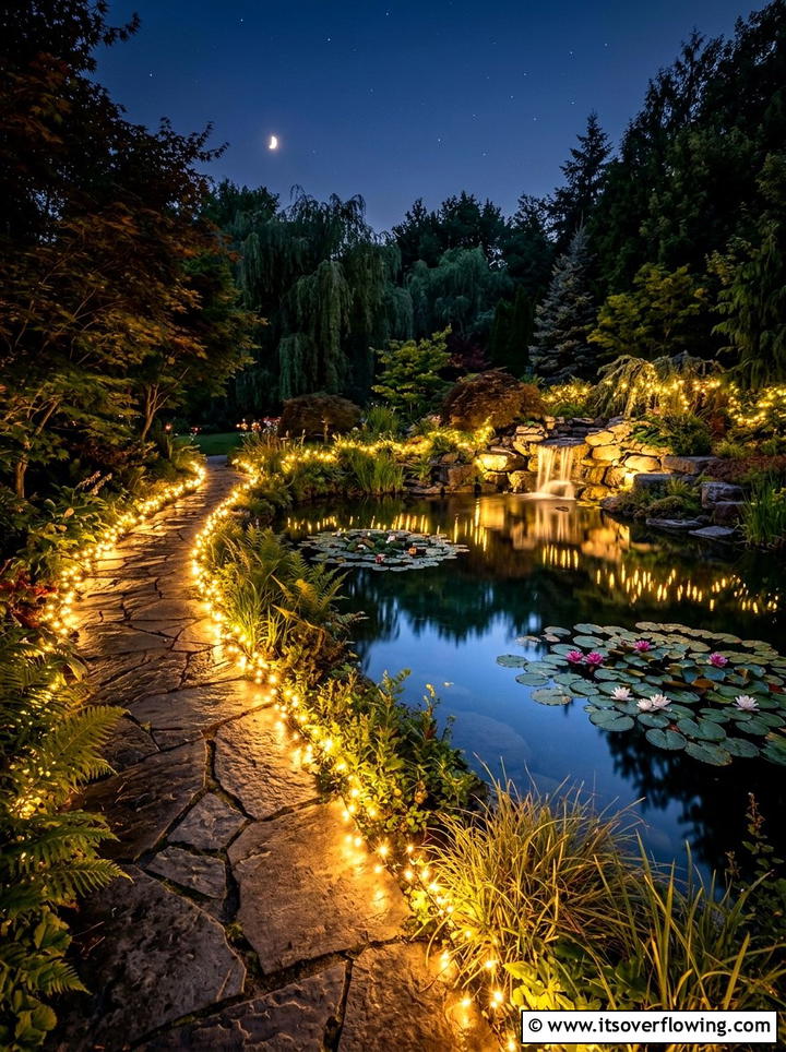 Water garden with pond side path lights - 25 creative garden ideas with fairy light pathways
