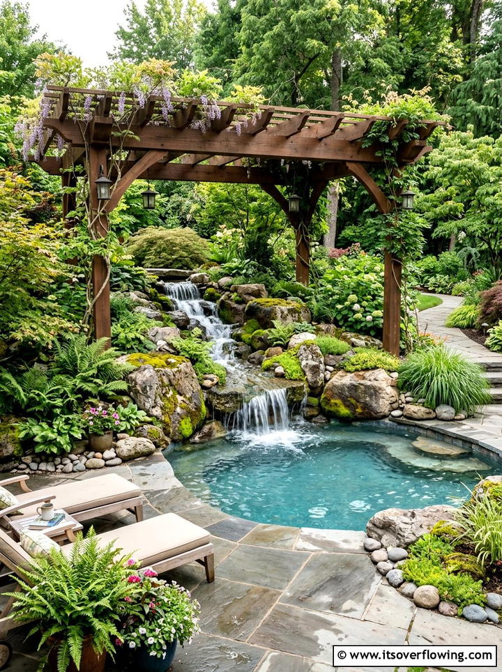 Waterfall Pool Feature Under Pergola - 25 backyard ideas with pool and pergola