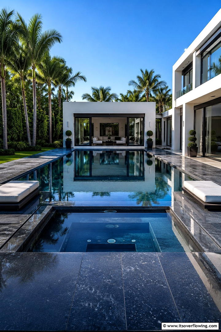 Waterfront Reflection Design - 30 Rectangle Pool With Hot Tub Designs for Luxury Backyards