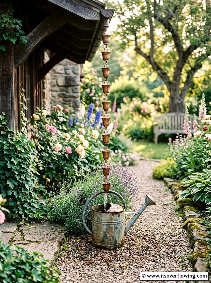 Watering Can Basin - 25 creative garden ideas with rain chains