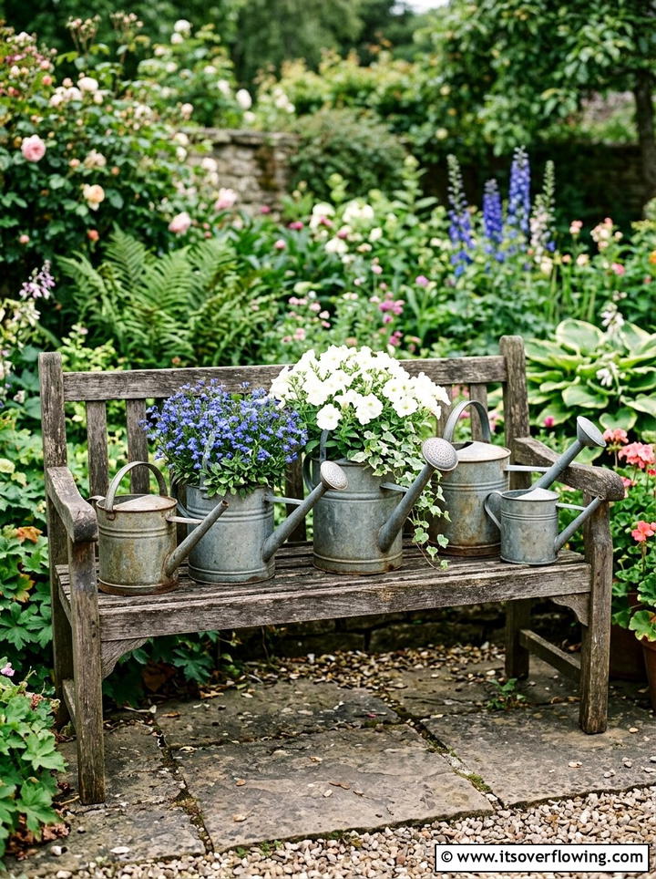 Watering Can Display - 25 upcycled garden ideas with rustic style