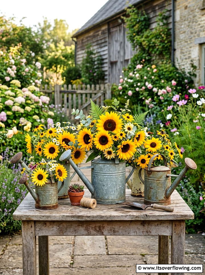 Watering Can Floral Display - 25 garden decor ideas with farmhouse accents