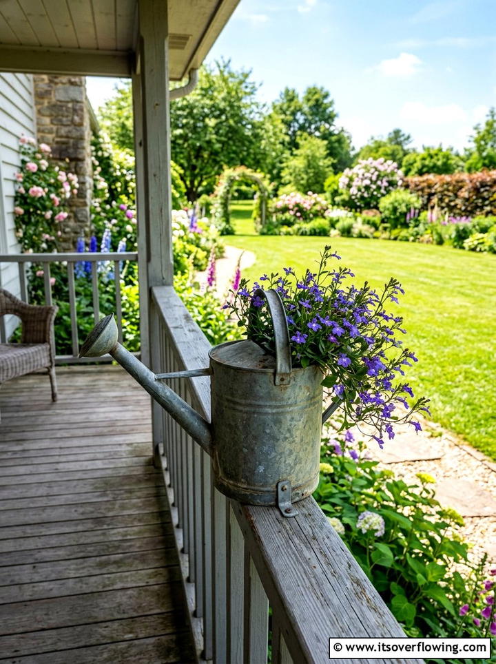 Watering can display - 25 recycled garden ideas for porch decor
