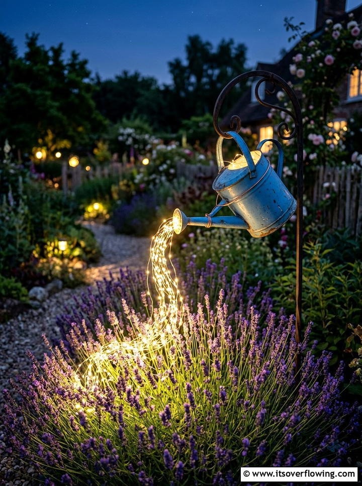 Watering can fairy lights - 25 reusing old things ideas for outdoor lighting