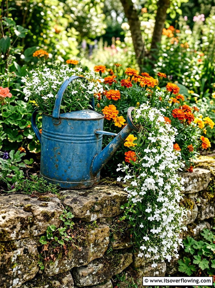 Watering can planter - 25 garden decor ideas for cottage gardens