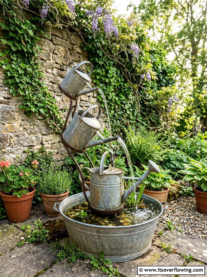 Watering can tiered fountain - 25 recycled garden ideas with rainwater collection