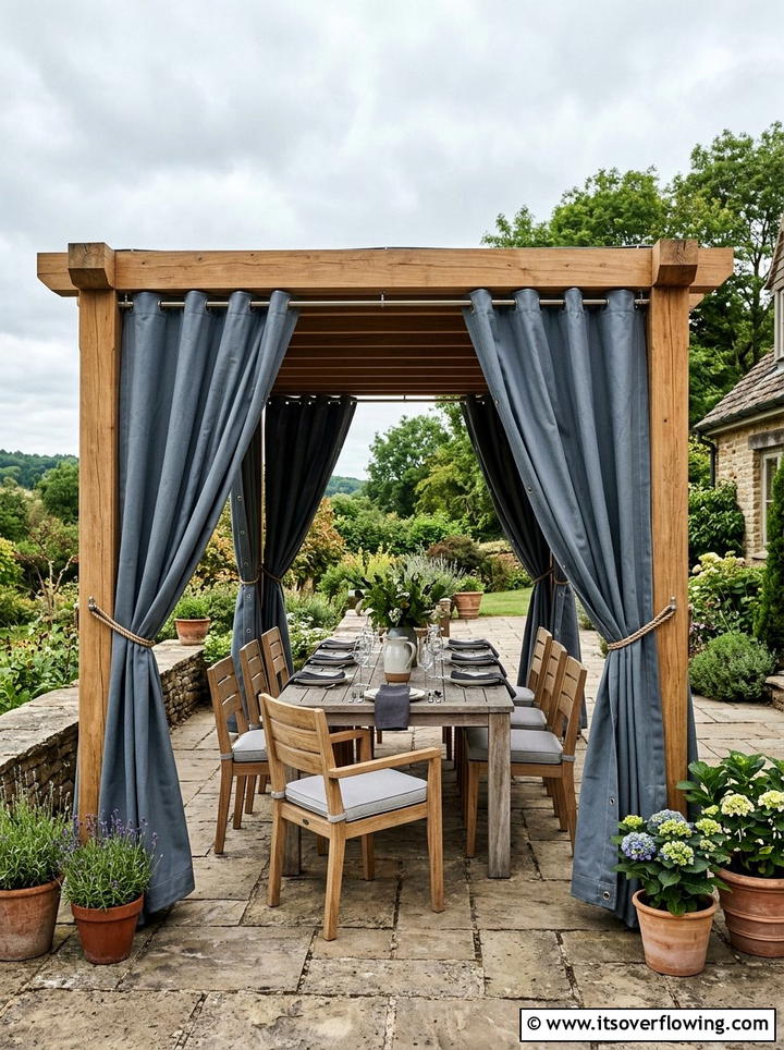 Waterproof canvas pergola drapes - 25 garden decor ideas with pergola curtains