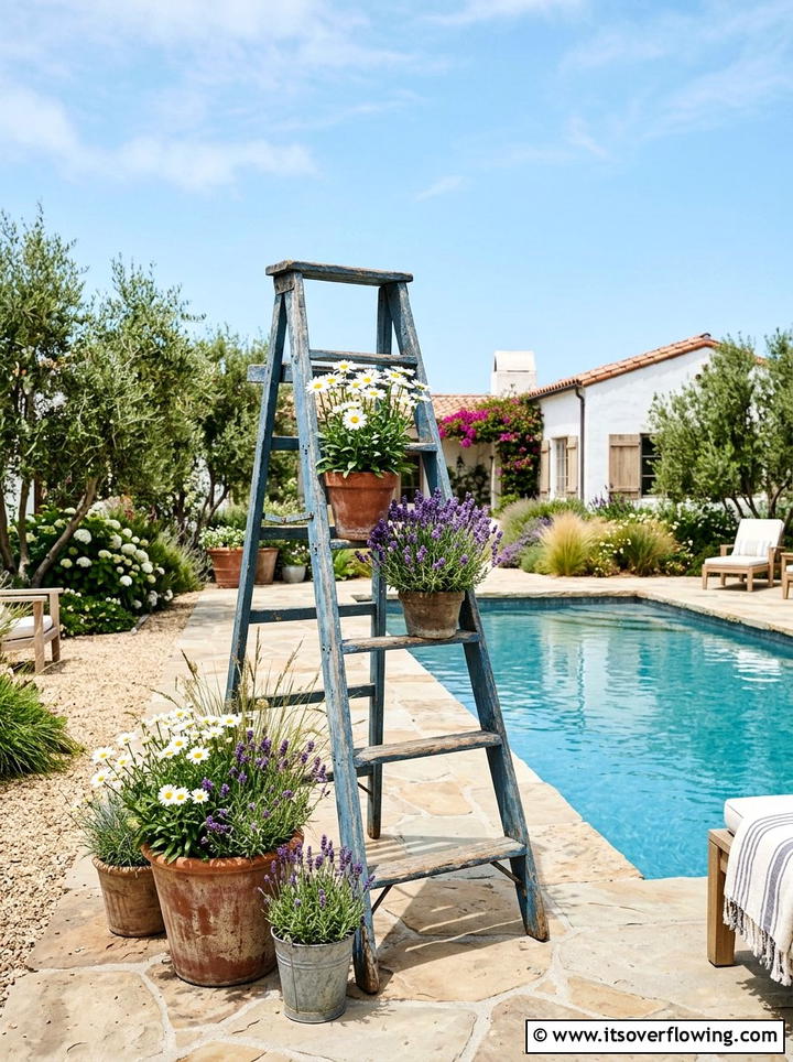 Weathered Blue Garden Ladder - 25 garden decor ideas with ladder plant stands