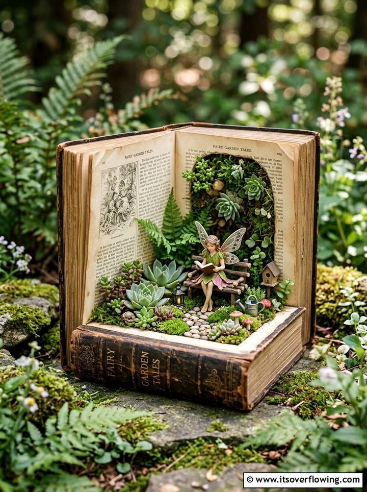 Weathered Book - 25 upcycled garden ideas with fairy gardens
