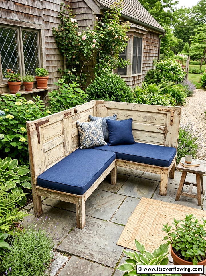 Weathered Door Corner Bench - 25 backyard decorating ideas with old door decor