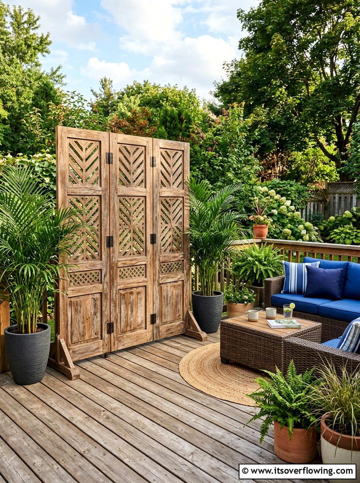 Weathered Door Privacy Screen - 25 backyard decorating ideas with old door decor