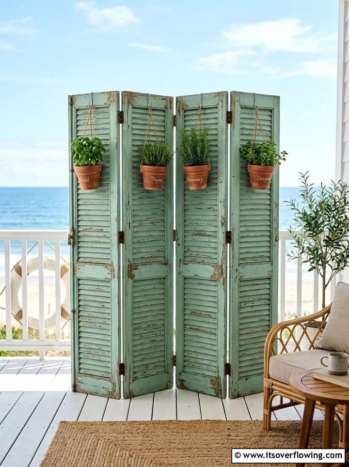 Weathered Shutter Privacy Screen - 25 upcycled garden ideas with coastal style