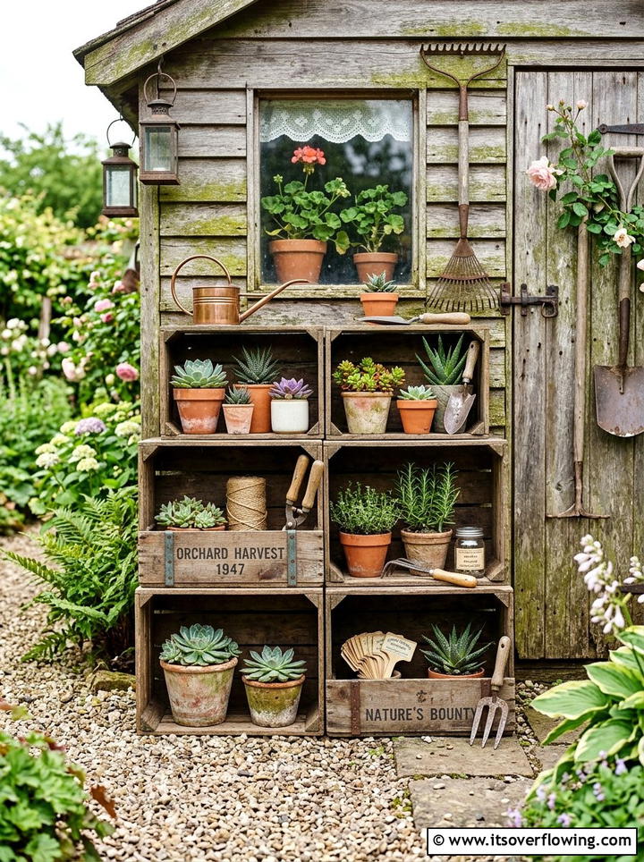 Weathered Wooden Crate Shelf - 25 upcycled garden ideas with cottage style