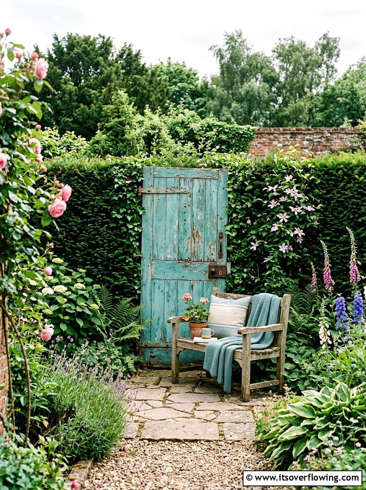 Weathered Wooden Door Backdrop - 25 upcycled garden ideas with cottage style
