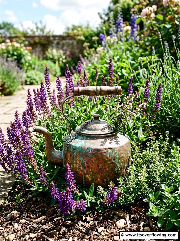 Weathered copper tea pot garden - 25 garden decor ideas with antique finds