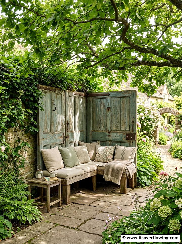 Weathered door seating nook - 25 garden decor ideas with old doors