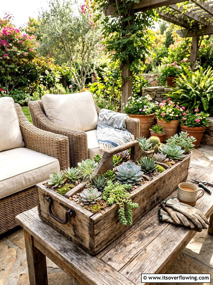 Weathered garden tool box - 25 reusing old things ideas for succulent garden