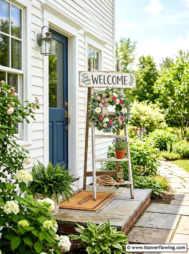 Welcome Sign Ladder - 25 backyard decorating ideas with vintage ladders
