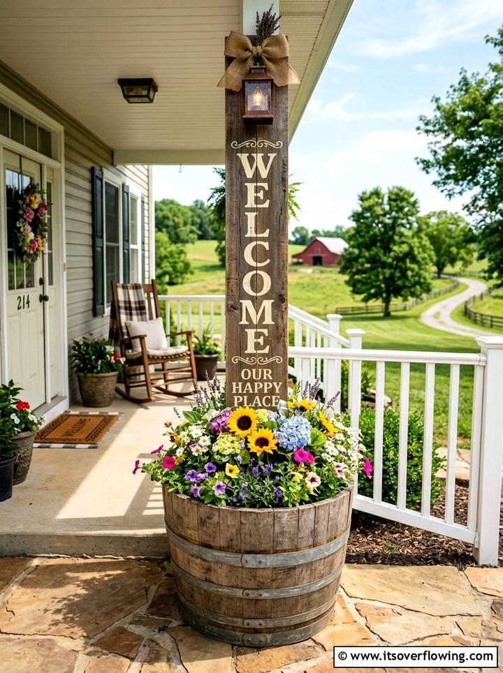 Welcome sign barrel arrangement - 25 front porch ideas with barrel planters