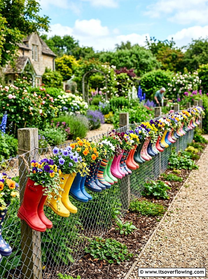 Welly Boot Flower Fence - 25 upcycled garden ideas for schools