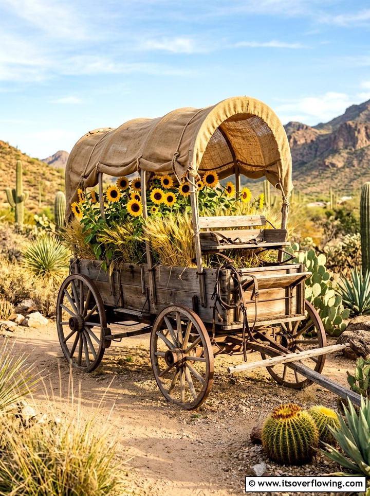 Western Style Covered Wagon Planter - 25 upcycled garden ideas with old wagons