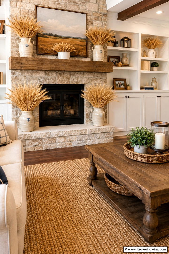 Wheat Stalk Bundles - 50 Living Room Fall Decor Ideas for Cozy Autumn Updates