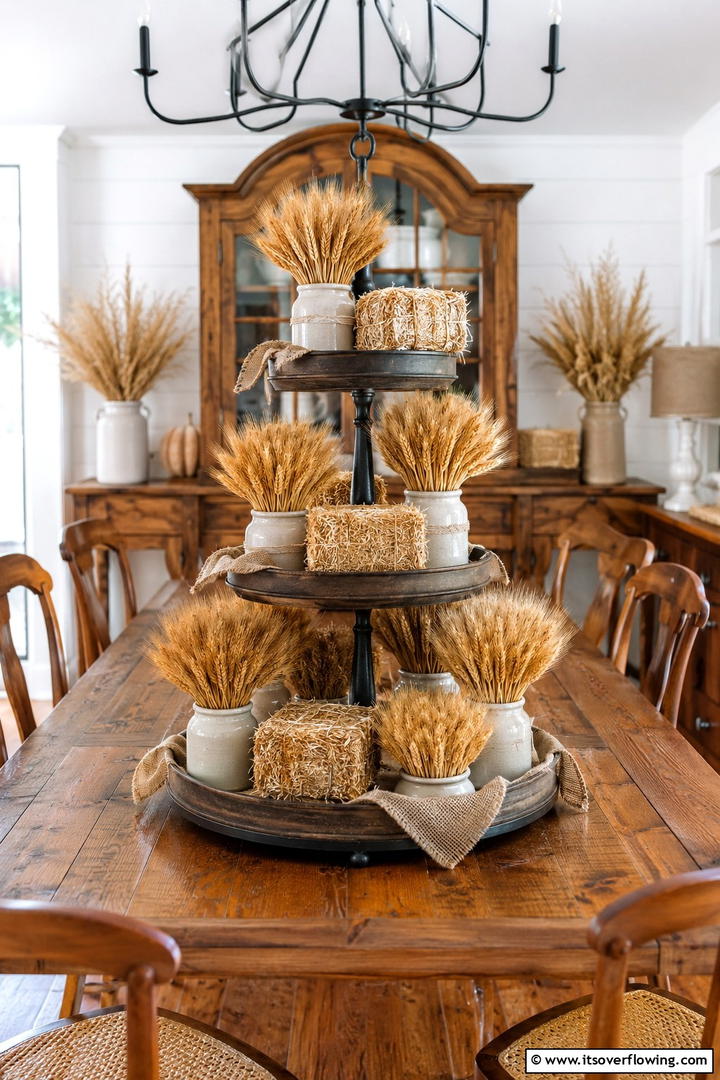 Wheat and Grain Harvest - 50 Fall Tiered Tray Decor Ideas for Festive Shelves