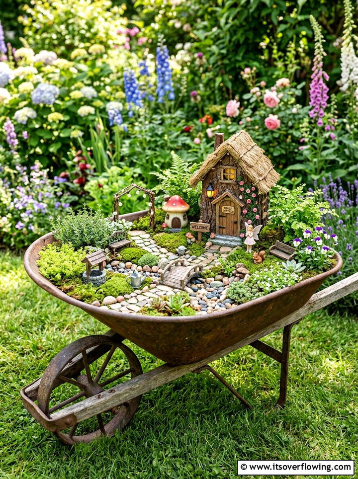 Wheelbarrow Fairy Garden - 25 upcycled garden ideas for backyards