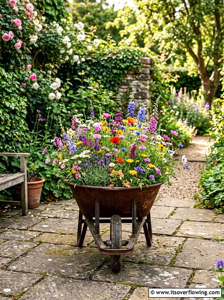 Wheelbarrow Flower Bed - 25 reusing old things ideas for patio