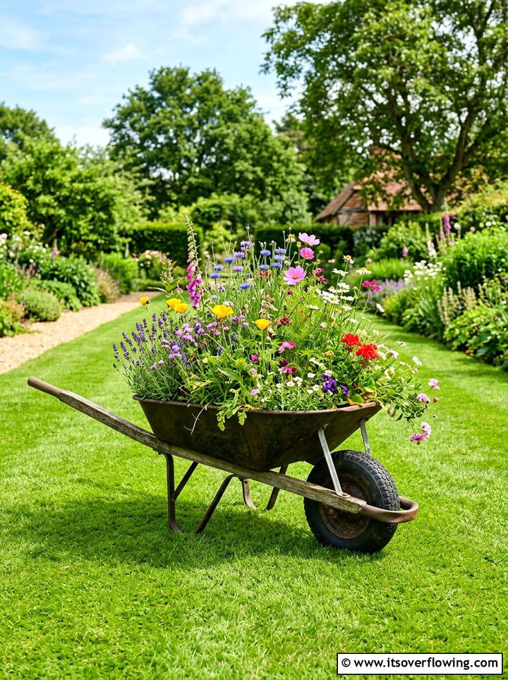 Wheelbarrow Flower Bed - 25 upcycled garden ideas for year round decor