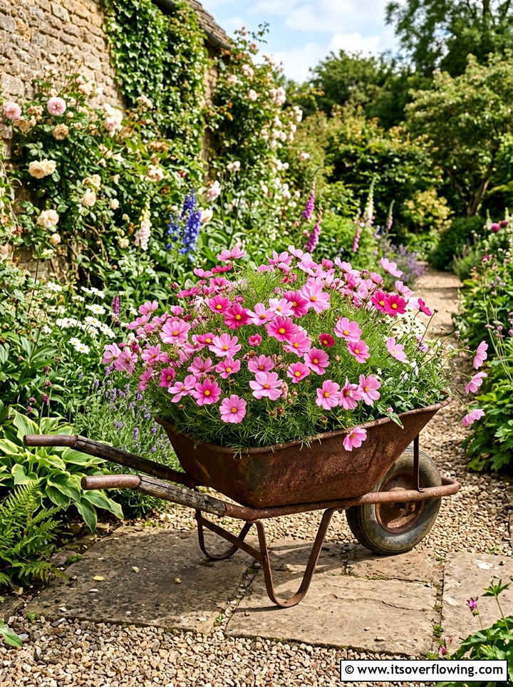Wheelbarrow Flower Display - 25 cheap garden ideas with simple planters