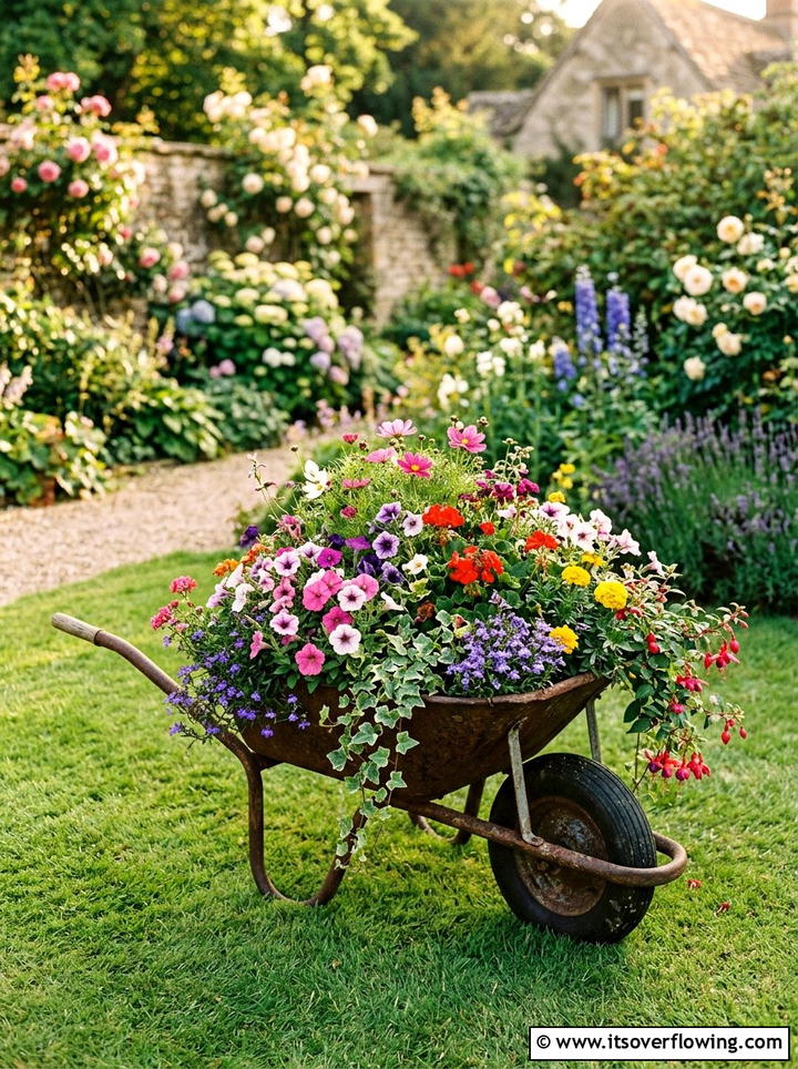 Wheelbarrow Flower Display - 25 recycled garden ideas for community spaces