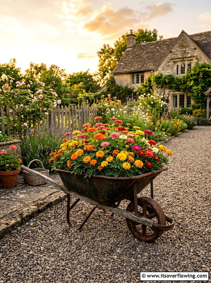 Wheelbarrow Flower Display - 25 recycled garden ideas for patio decor