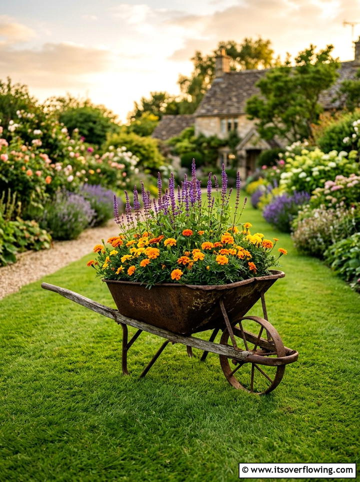 Wheelbarrow Flower Display - 25 reusing old things ideas for front yard