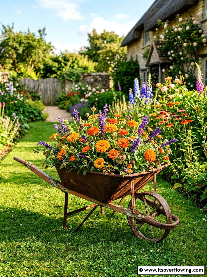 Wheelbarrow Flower Display - 25 reusing old things ideas for flower garden