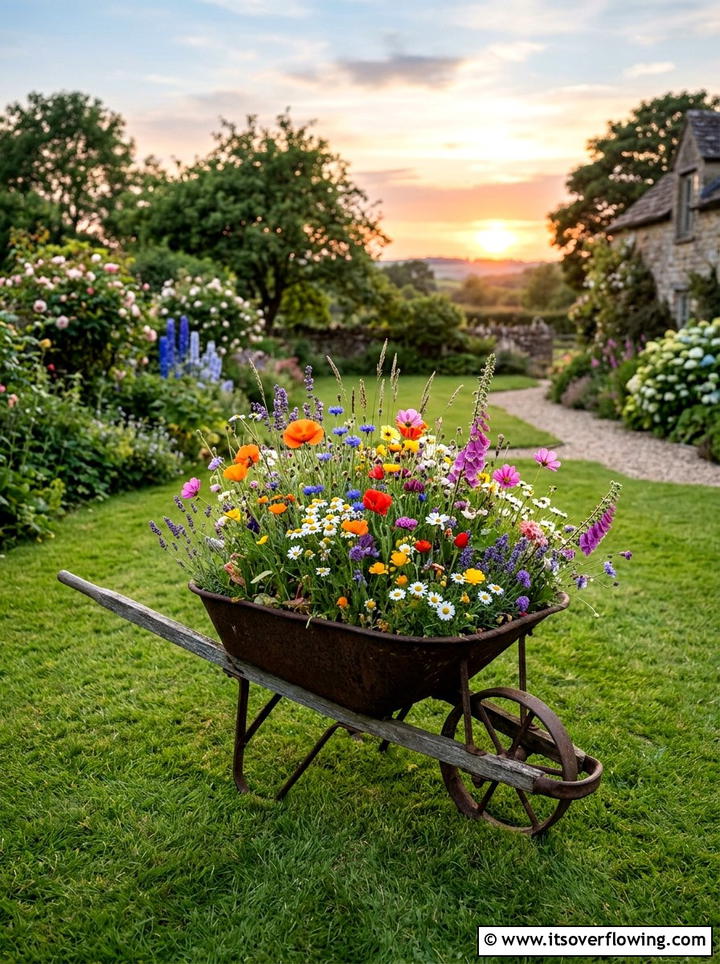 Wheelbarrow Flower Display - 25 cheap garden ideas with container gardening