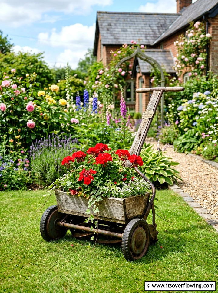 Wheelbarrow Flower Planter - 25 recycled garden ideas with old tools