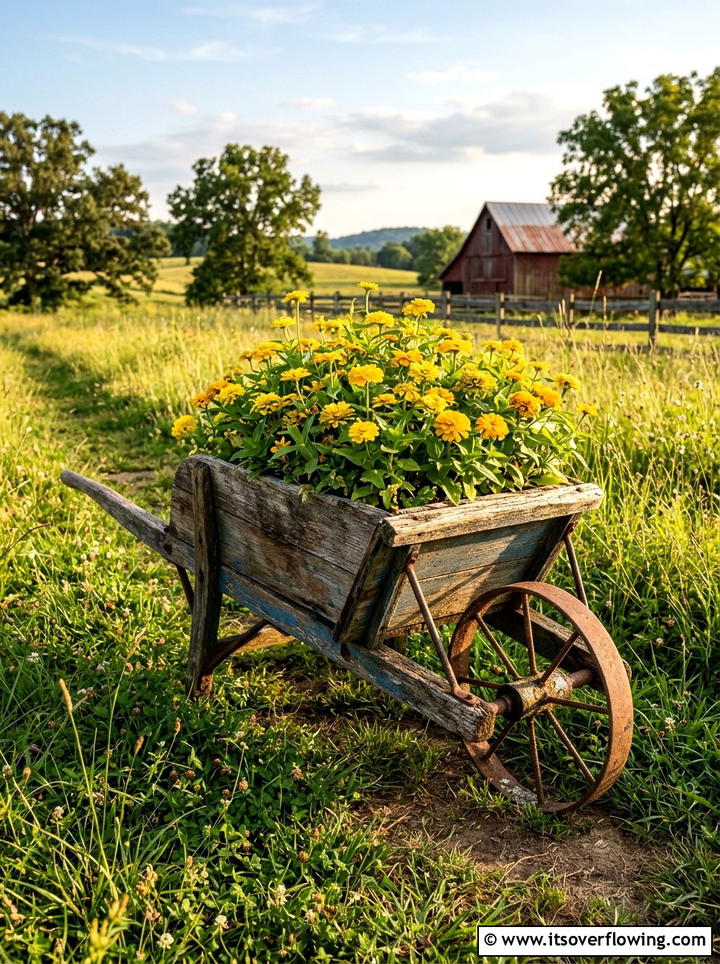 Wheelbarrow Flower Planter - 25 backyard decorating ideas with floral displays