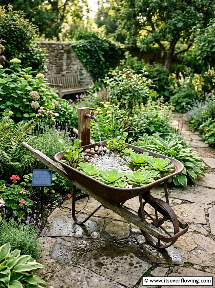 Wheelbarrow Water Feature - 25 garden decor ideas with wheelbarrows