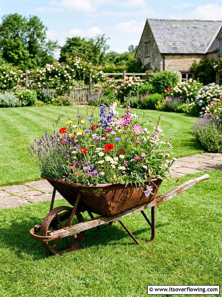 Wheelbarrow flower display - 25 reusing old things ideas for garden