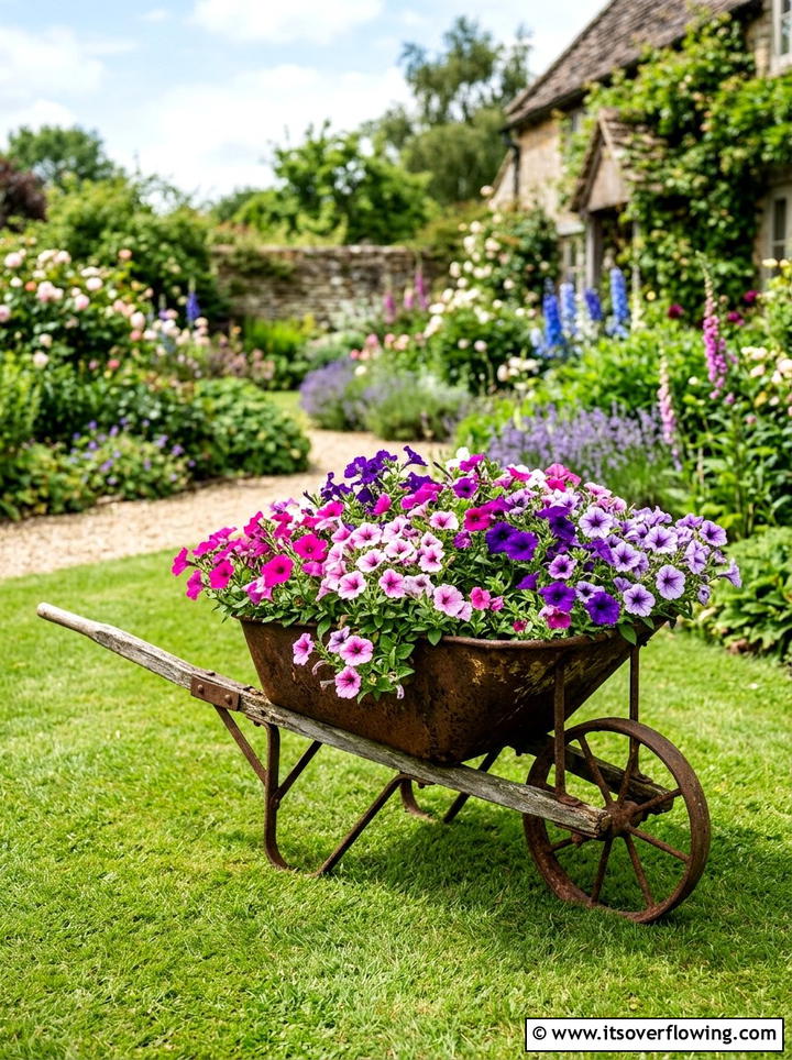 Wheelbarrow mobile water garden - 25 recycled garden ideas with rainwater collection