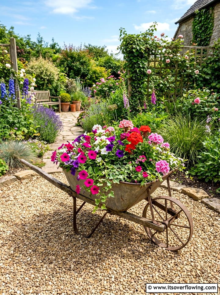 Wheelbarrow planter - 25 upcycled garden ideas with boho style