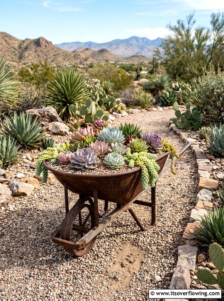 Wheelbarrow succulent display - 25 reusing old things ideas for garden art
