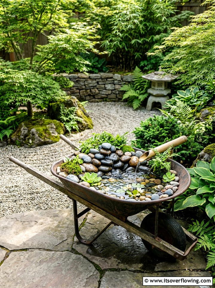 Wheelbarrow water feature fountain - 25 upcycled garden ideas with old wheelbarrows