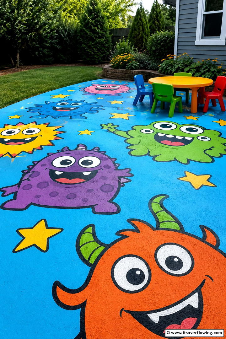 Whimsical Cartoon Themes - 30 Painted Concrete Patio Ideas for Colorful Outdoor Floors