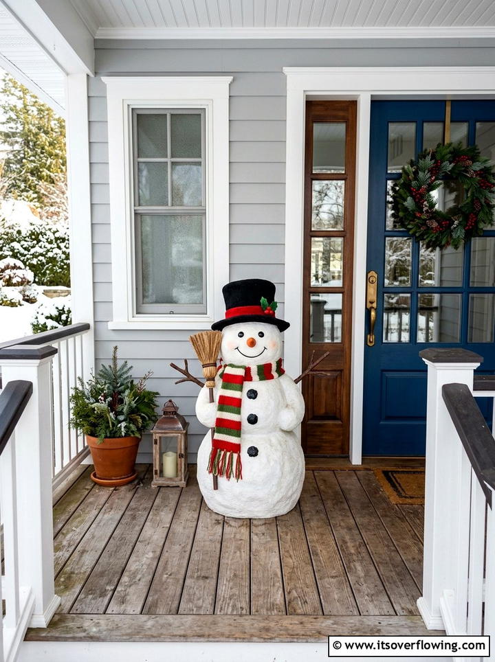 Whimsical Snowman Family Setup - 25 front porch ideas with christmas decor