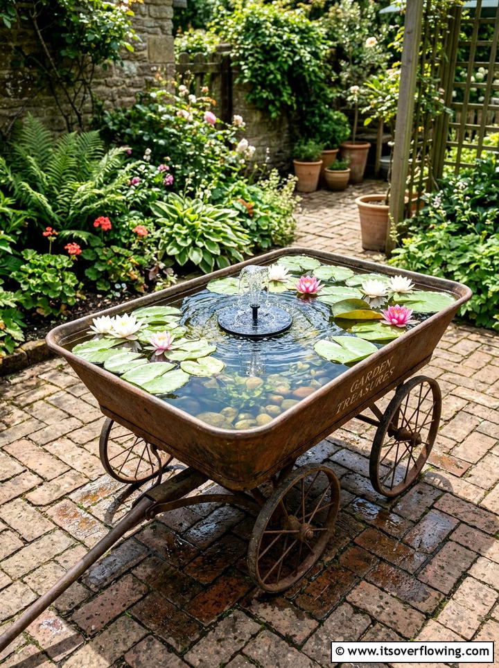 Whimsical Wagon Water Feature - 25 upcycled garden ideas with old wagons